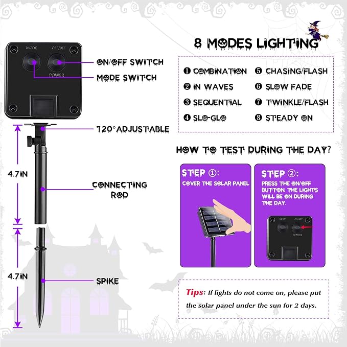 Solar Halloween Lights Outdoor 2 Pack 200 LED Solar String Lights Purple | 8 Lighting Modes, Memory Function, Auto On/Off, 66FT Waterproof Twinkle Lights for Outside Garden Party Tree Horror Decor
