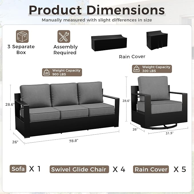 Outdoor Patio Furniture Set, 5-Piece Aluminum Patio Conversation Set All-Weather Metal Outdoor Sectional with 6 Inch Thick Cushions, Deep Setting for Garden, Outside and Porch, Grey