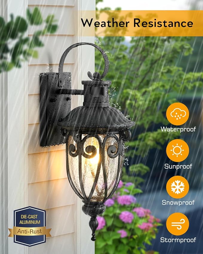 VIANIS Motion Sensor Outdoor Lights, Black Motion Lights for Outside, Dusk to Dawn Outdoor Light Fixtures with Seed Glass, 100% Aluminum Exterior Lighting Fixtures with House, Garage, Porch, Doorway