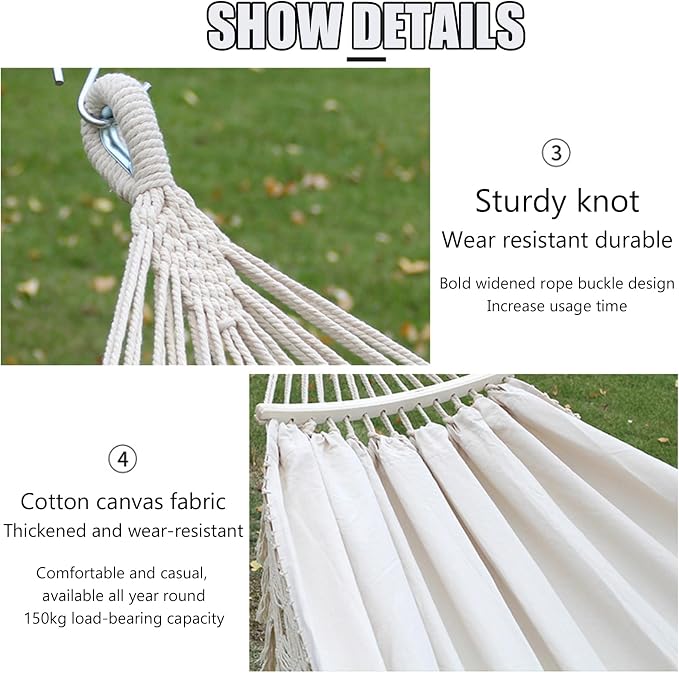 Handmade Cotton Woven Hammock, Balcony Hanging Rope Swing with Tassels, Portable Camping Double Boho Canvas Hammocks for Indoor Outdoor Patio Yard Garden(200x150cm/78.7x59in, Beige)
