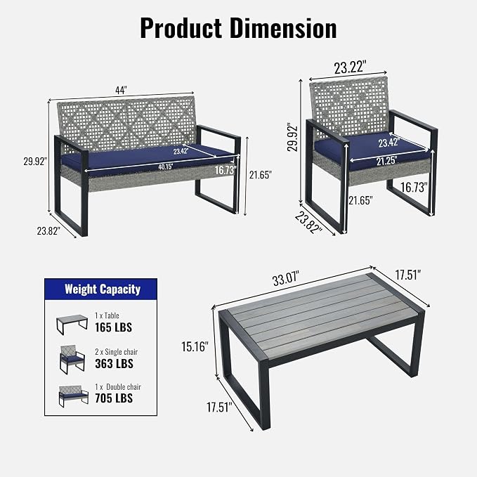 LUMISOL 4 Piece Outdoor Wicker Patio Conversation Furniture Set for Backyard, Wicker Conversation Set Outdoor with Acacia Wood Table Top, Light Gray