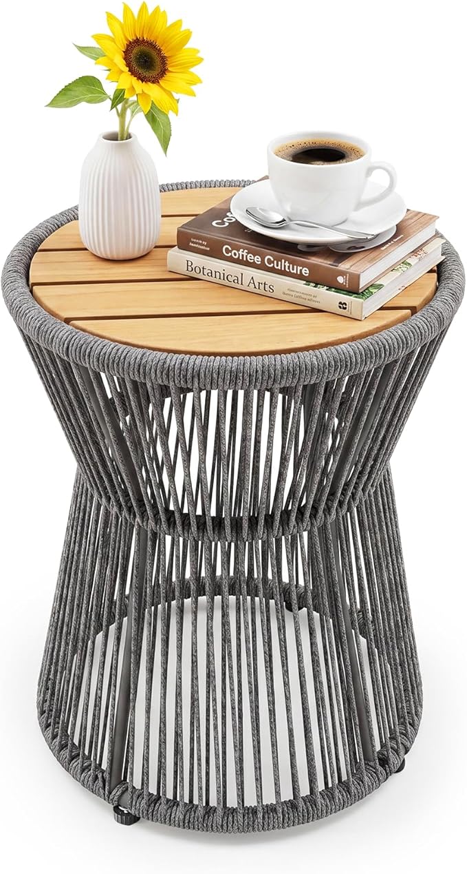 Garvee Outdoor Small Side Table, 20’’ h Patio Rattan End Table with Wood Top Round Coffee Table for Living Room Outdoor Patio Backyard Poolside