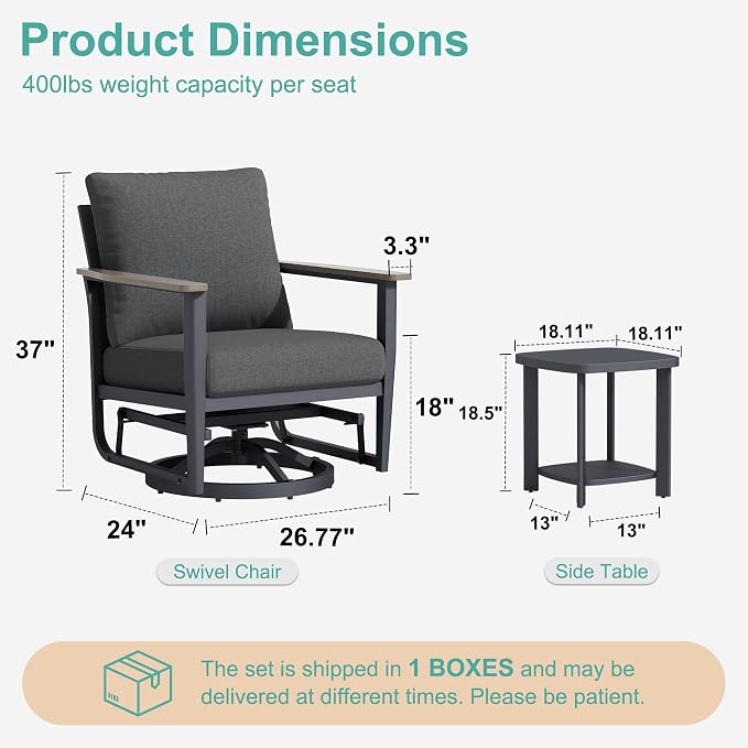 Aluminum Patio Swivel Rocking Chair Outdoor Bistro Set, 3PCS Patio Conversation Set Outdoor Patio Furniture Set with High Backrest & Thickened Cushions for Garden, Deck and Balcony, Dark Grey