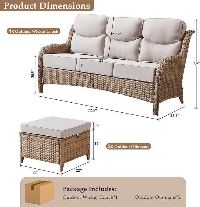 3 Pieces Patio Sofa Set with 6" Thick Cushions, High Back Wicker Outdoor Sofa with Ottomans, Outdoor Seating Furniture High Back Conversation Set for Balcony Deck Porch Backyard, Yellow/Beige