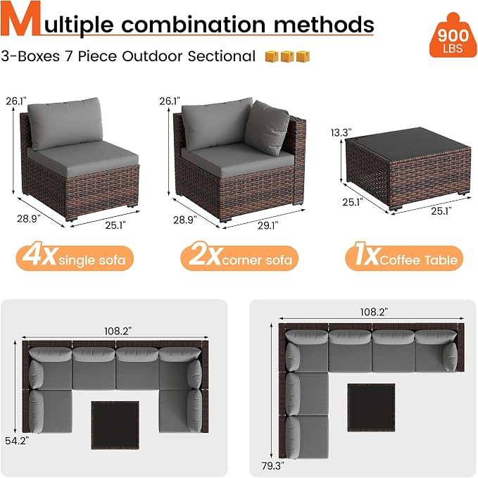 Patio Furniture Set, 7-Piece Outdoor Sectional Rattan Sofa Set with Coffee Table (Grey Cushions with Brown Rattan)