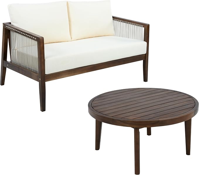 Christopher Knight Home Lalulu 4-Seater Patio Furniture Set with Cushion, 4 Piece Outdoor Acacia Wood Conversation Set, Sold Wood Outdoor Sectional Sofa Set with Coffee Table, Dark Brown+Beige