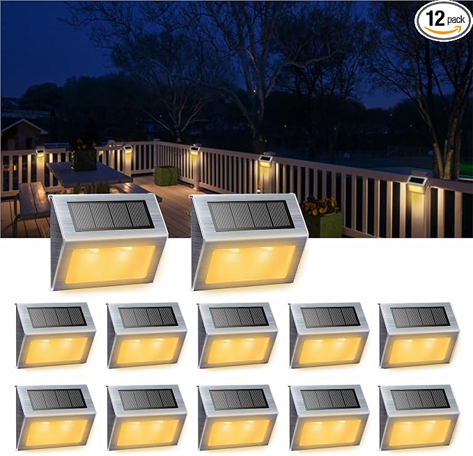 XLUX Warm White Solar Lights for Deck Step Fence Post, SST Housing, 12 Pack | Soft warm non-glare LED, sturdy stainless steel casing , outdoor use, Rainproof, Automatic ON/OFF, not excessively bright