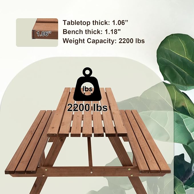 Outdoor Wooden Picnic Table with Benches and Umbrella Hole, Rustic Style Wood Picnic Table Bench Set for 6 or 8 Person for Backyard, Porch, Patio, and Deck, Brown