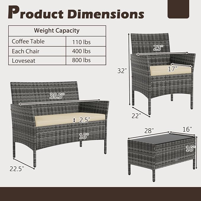 Tangkula 4 Pieces Patio Rattan Conversation Set, Outdoor Wicker Furniture Set with Cushioned Chair, Loveseat & Tempered Glass Table, Outside Sectional Sofa Set for Backyard (G-Beige,1)
