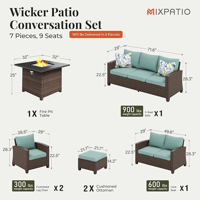 MIXPATIO Patio Furniture Set, 7 Pcs Wicker Rattan Outdoor Conversation Set, 2 x Leg Chairs, 1 x 3 Seater Sofa, 1 x 2-Seat Lover Sofa and 2 x Ottomans with 4" Thick Cushion and 32" Fire Pit Table, Blue