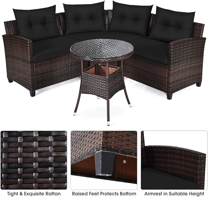 HAPPYGRILL 4 Pieces Rattan Patio Conversation Set, Outdoor Wicker Furniture Set with Cushioned Sofas and Coffee Table, L-Shape Sectional Curved Sofa Set for Garden Poolside Balcony
