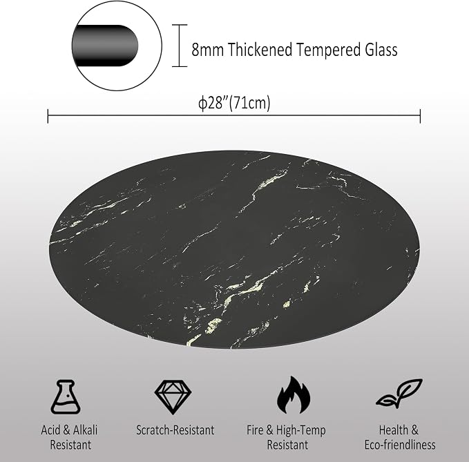 28" Round Tempered Glass Table Top, Marble Glass Surface Protector Heat & Scratch Resistant Multipurpose for Dining, Coffee, Restaurant, Office and End Table (Black Marble Pattern, 28 Inch)