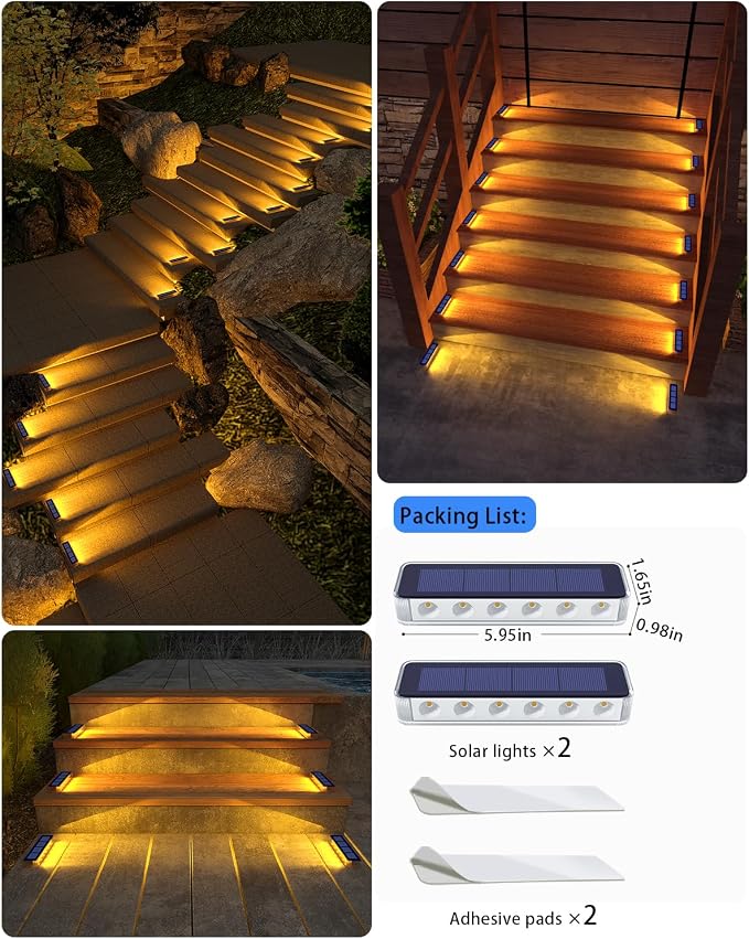 DetarZinLED Solar Step Lights for Outside, 2 Pack Solar Stair Lights, Warm White Outdoor Deck Light Waterproof, Outdoor Light Solar Powered for Deck, Dock, Pathway, Porch, Path, Ground, Backyard