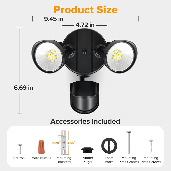 UME LED Security Light Motion Sensor Outdoor Lights, 27W 3500LM, 5000K, IP65 Waterproof, Dusk to Dawn, 2 Head Motion Detector Flood Light for Outside, Garage, Yard (Black)