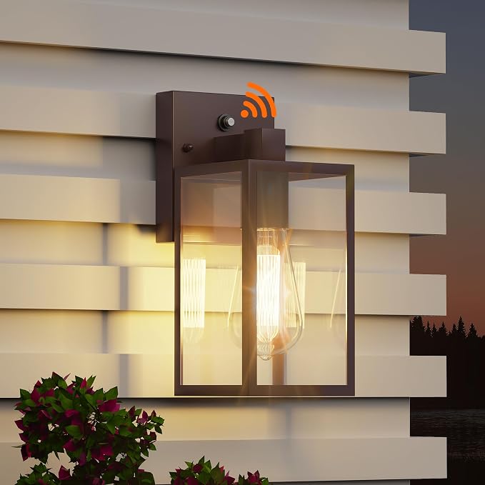 Dusk to Dawn Exterior Lighting Fixtures, Outdoor Porch Light Wall Sconce | 10.65 inch, Anti-Rust Metal Frame, Tempered Glass, E26 Base, Waterproof, Sensor Wall Lantern for Patio, Garage, Entryway