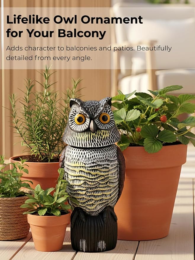 Garden Fake Owl Sculpture with 360° Rotating Head, Waterproof Garden Owl | Realistic Large Outdoor Owl Statue for Yard Patio Balcony Roof Barn Driveway Garden Pool