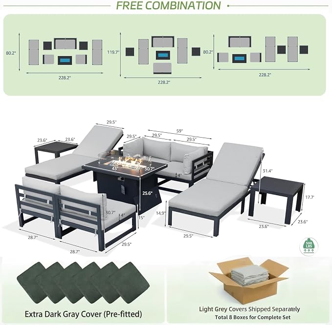 RADIATA 9 Piece Large Contemporary Aluminum Outdoor Furniture Set with Sun Bed & Fire Pit Table, 29 inch Deep Couch Set, 500 lbs High Weight Capacity, Patio Sectional Sofa for Poolside, Light Gray