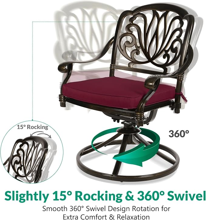 VIVIJASON 3-Piece Patio Furniture Dining Set, Outdoor All-Weather Cast Aluminum Bistro Set, Include 2 Swivel Chairs and 35.4" Round Table w/Umbrella Hole for Balcony, Lawn, Garden (Red Cushion)