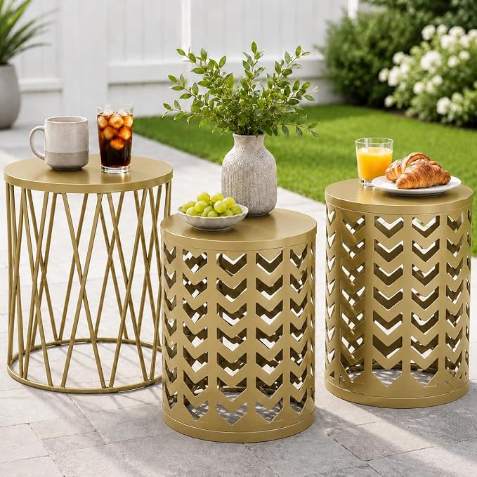 Y&M Set of 3 Gold End Tables, Nesting Metal Round Coffee Table, Heavy Duty Metal Plant Stand Garden Stool, Outdoor Multifunctional Use