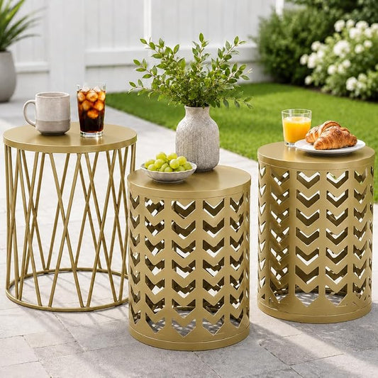 Y&M Set of 3 Gold End Tables, Nesting Metal Round Coffee Table, Heavy Duty Metal Plant Stand Garden Stool, Outdoor Multifunctional Use