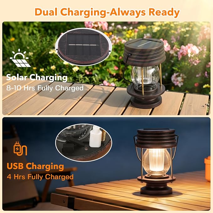 Solar Lanterns Outdoor Hanging Lights Patio Decor, Upgraded Dual Solar & USB Charging, Adjustable Light Sensor, Retro Decorative Table Lamp Waterproof, Indoor Outdoor Garden Patio Yard Decoration