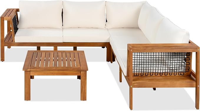 4 Pieces Outdoor Acacia Wood Sofa Set,Woven Mesh Armrests, L-Shaped Patio Furniture Sofa Set with Coffee Table, Outdoor Conversation Set (Beige+Teak#49)