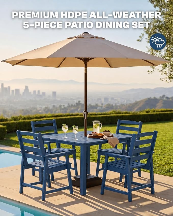HDPE Outdoor Dining Set for 4 with 10FT Umbrella, Navy | All-Weather HDPE, Wood Grain Finish, 42.5" Square Table, Built-In Umbrella Hole, Seats 4, Patio & Poolside Ready