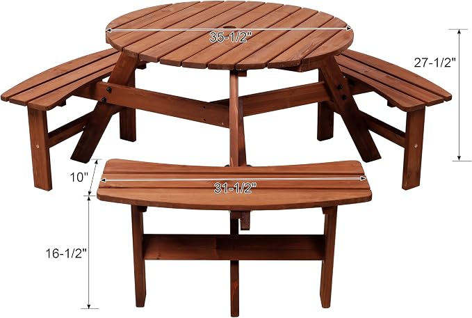 JOYBASE 6-Person Wooden Picnic Table, Outdoor Round Table with Built-in Benches and Umbrella Hole, Picnic Table Bench Set for Patio, Backyard, Garden (Brown)