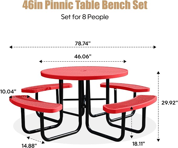 46 Inch Round Outdoor Metal Picnic Table, All-Weather Patio Dining Set for 6-8 Adults, Heavy Duty Steel with Central Umbrella Hole, Perfect for Garden, Backyard, Deck & Small Spaces - Easy Assembly