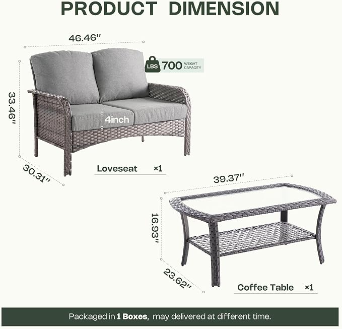 2-Piece Patio Furniture Set, Outdoor Wicker Furniture with Coffee Table, All Weather High Back Loveseat Patio Chairs, Modern Rattan Outdoor Chairs Conversation Set for Porch, Balcony, Garden,Dark Gray