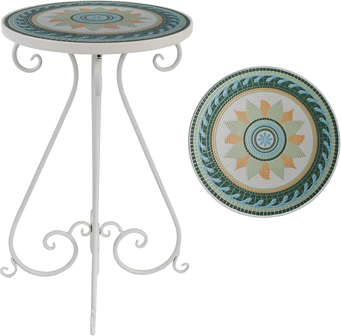 Vintage Outdoor Side Table Round Mosaic Ceramic Tile Top 14" Diameter Metal Plant Stand for Flower Pots Vase Garden Home Porch Pool Indoor Decor Weather Resistant Outside Patio Accent End Furniture