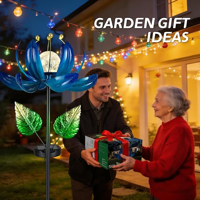 AIINY Solar Garden Lights Metal Flower Decor, Colorful Lotus Pathway Spinning Windmill with LED Cracked Crystal Ball Outdoor Decorative Stake Lighting Waterproof Flower Sculpture for Patio Yard