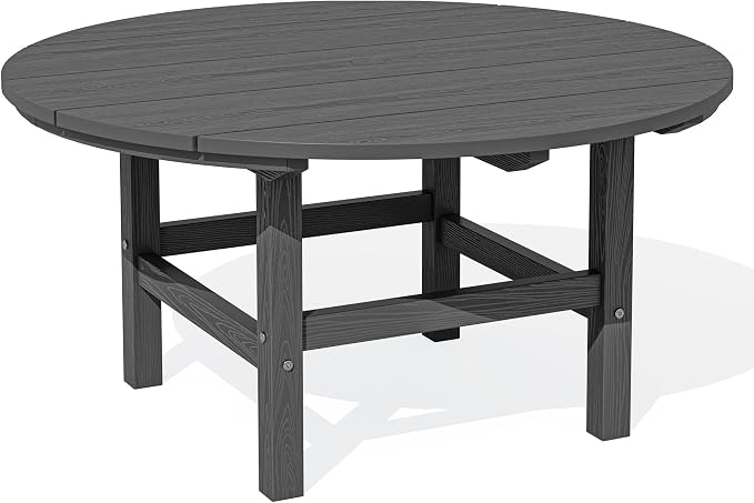 SERWALL 35.5'' Round Outdoor Table with Umbrella Hole, HDPE Weatherproof Coffee Table, Grey