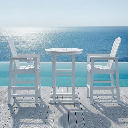 3-Piece White Counter Height Bar Dining Set with 1.96-inch Center Hole, 42.1" HDPE Indoor/Outdoor Round Bar Table with 2 Bar Stools, All-Weather Patio Bistro Set for Deck, Balcony, Poolside & Coastal