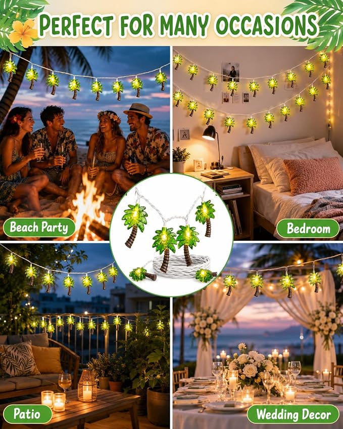 Palm Tree String Lights, Summer Patio String Lights with 10 Palm Tree Light | 8.5Ft Plug in Indoor Fairy Lights for Outdoor Indoor Beach Tropical Party Bedroom Birthday Decor, White Wire