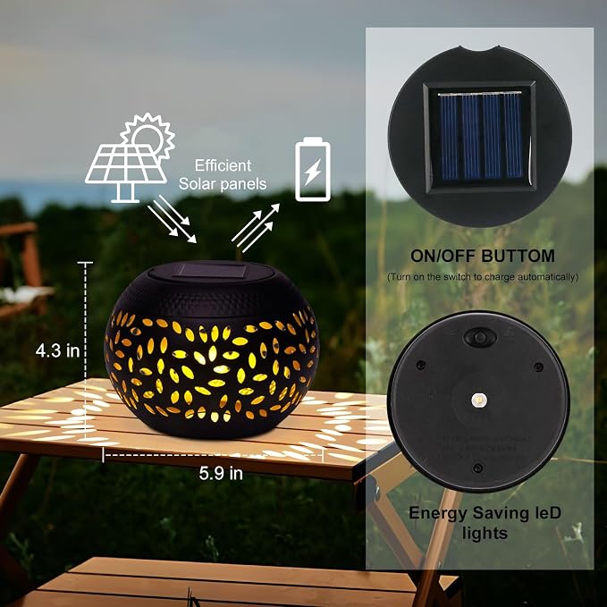 Solar Table Light Outdoor Waterproof Decorative 2pack Solar Table Lantern | Hollowed-Out Black Metal Desktop Decorative Lamp for Women Mother's Day, Outside Garden Yard Patio & Indoor Tabletop Decor
