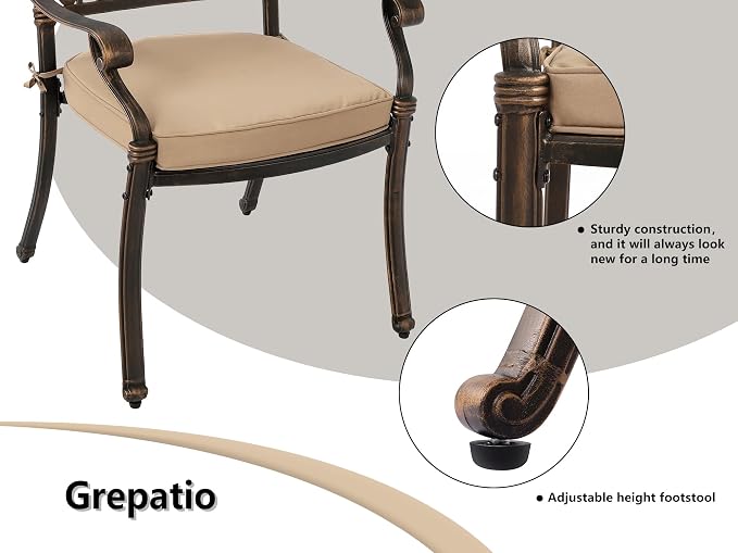 TITIMO 5-Piece Outdoor Patio Dining Set, Cast Aluminum Patio Furniture Set, 4 Pattern Chairs with Khaki Cushion and 2.2” Umbrella Hole Table, Cast Aluminum Conversation for Yard Garden Porch Poolside