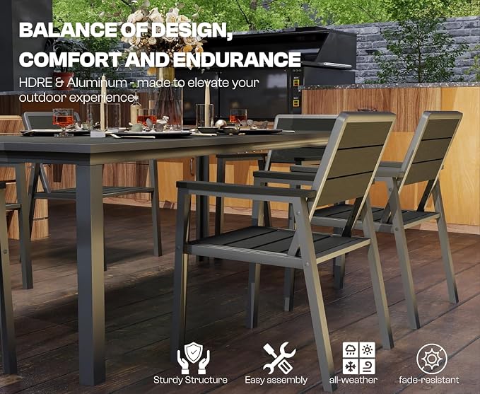 7-Piece Outdoor Dining Set with 15FT Umbrella,Grey | HDPE table, chairs included, aluminum frame, 2" hole design, weather-resistant furniture, perfect for backyard, deck, garden