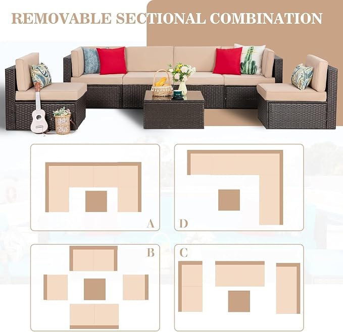 7 Piece Outdoor Patio Furniture Set with Cushions and Glass Table, PE Rattan Wicker Manual Weaving Sectional Sofa Conversation Set for Garden, Deck, Backyard, Balcony, Outdoor Lounge Area
