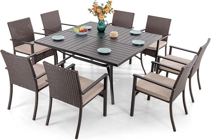 Sophia & William 9pc Square Patio Dining Set for 8, Rattan Chairs | Patio Table Set for 8, Metal Table with Umbrella Hole, Wicker Chairs, Rust-Resistant Frame
