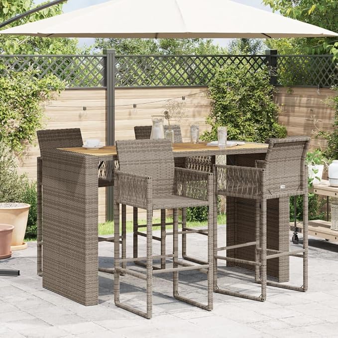 72.8 Inch Outdoor Bar Table Grey Rectangular Synthetic Rattan with Acacia Wood Top for Patio Garden Terrace Cocktail and Dining Furniture