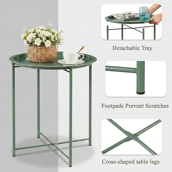 VECELO Side/End Table, Folding Round Metal Anti-Rust and Waterproof Outdoor or Indoor Tray for Living Room Bedroom Balcony and Office, 2 PCS, Dark Green