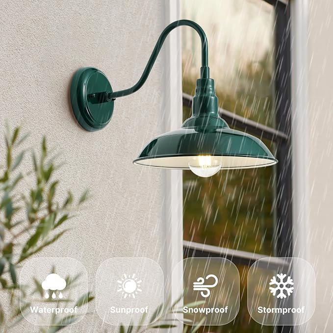 10‘’ Dome Outdoor Gooseneck Barn Light Fixture with Wall Mount, Green Exterior Porch Barn Door Lighting, Farmhouse Style Outside Shed Gooseneck Wall Sconce for Patio, Yard, Garage, House