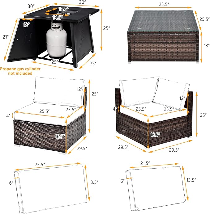 Tangkula 7 Piece Patio Furniture Set w/Fire Pit Table, Patiojoy Outdoor Rattan Conversation Sofa Set w/30 Square Propane Fire Pit Table, 50,000 BTU Heat Output, Protective Cover Included (Brown)