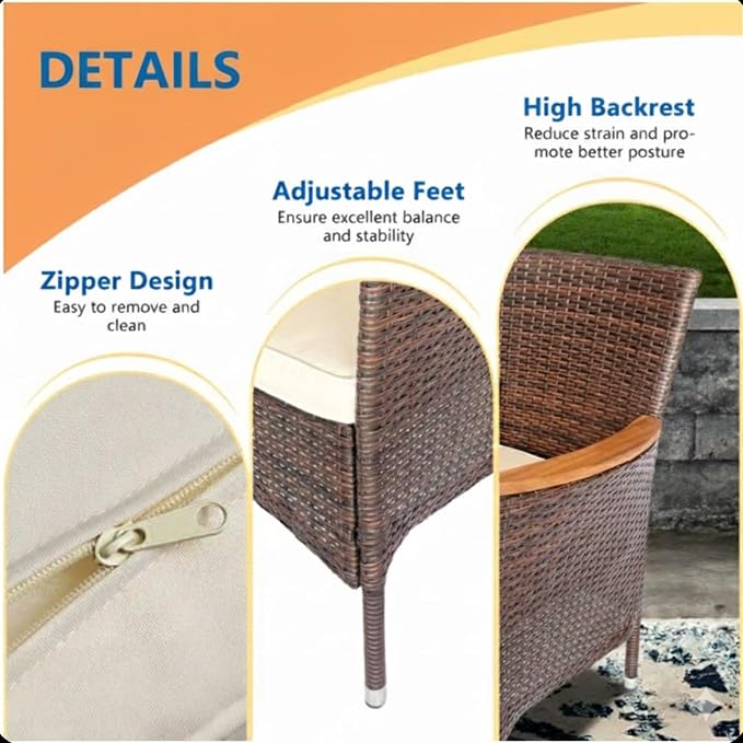 5-Piece Rattan Patio Dining Set with Acacia Wood Table 4 Armchairs and Cushions All-Weather Brown Wicker Outdoor Furniture Set for Backyard Deck Garden 35.4" Square Table