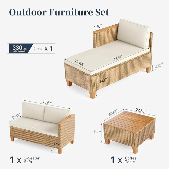 3 Piece Wicker Outdoor Patio Conversation Set Small Patio Furniture Set Outside L-Shaped Sectional Sofa Couch