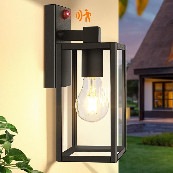 BesLowe 10.6" Upgraded Motion Sensor Outdoor Wall Light Fixture, Black | Auto ON/OFF, 3 Lighting Modes, Waterproof, Rust-Resistant, Durable Metal & Clear Glass, Standard E26 Sockets, Easy to Install
