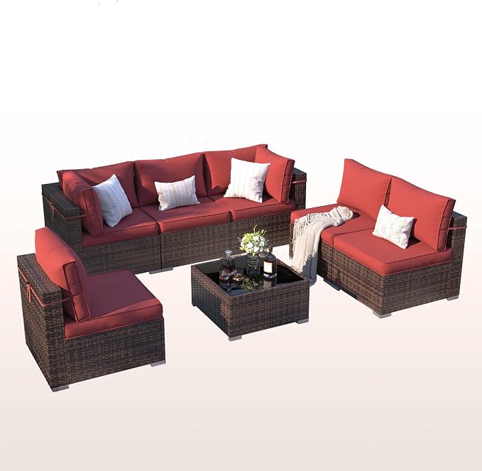 Patio Furniture Set, Modular 10-Piece Patio Conversation Sets with Coffee Table, All-Weather Wicker Outdoor Sectional for Backyard and Balcony, Wine (Waterproof Covers Included)