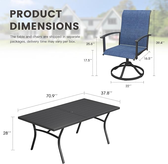 7 Pieces Patio Dining Set, Outdoor Furniture of 70.9" Rectangular Patio Table and Patio Swivel Chairs for Backyard Lawn Garden, Black Table and Dark Blue Chairs