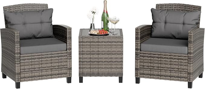 JAMFLY 3 Piece Wicker Patio Furniture Set - Outdoor Rattan Conversation Set with Soft Cushions & Glass Coffee Table for Balcony, Porch, Small Backyard - All Weather Grey Bistro Set, Grey